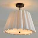 16" Flared Linen White Semi Flush Mount Ceiling Light, Pleated Ceiling Light Fixture with Neutral Fabric Shade and Black Brass Base for Kids' Room, Bedroom, Hallways, Nursery and Living Room