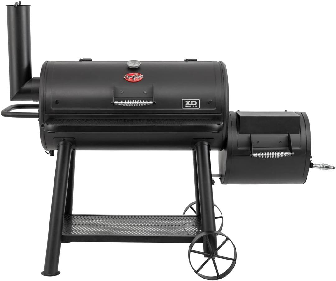 Char-Griller Grand Champ Charcoal Offset Grill and Smoker, Premium Heavy Duty Steel, Folding Front Shelf, Barrel Grill with Side Firebox, Black, Model 8250