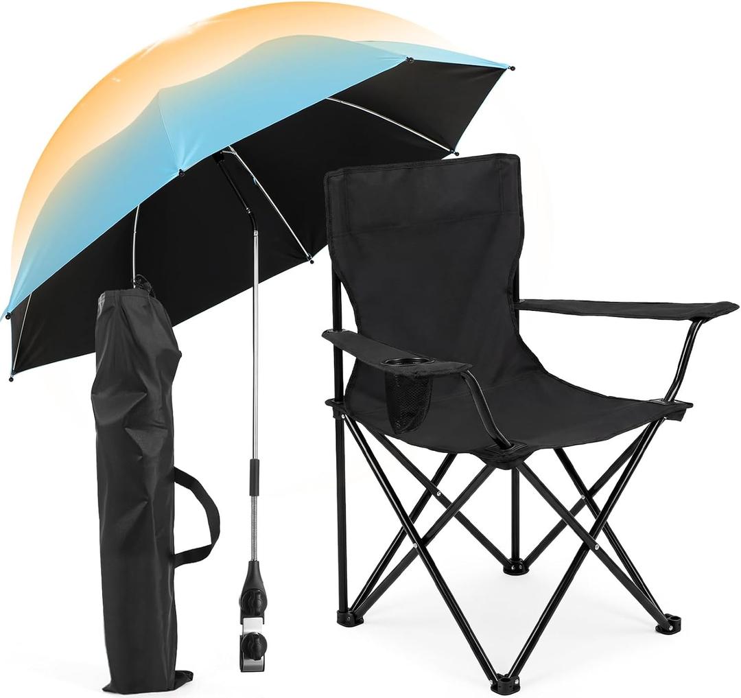 1 Set Beach Chair with Adjustable Umbrella for Adult, Low Folding Chair Detachable with Armrests Cup Holder, 360 Degree Universal Clamp UV Protection Umbrella for Sand Camping Pool