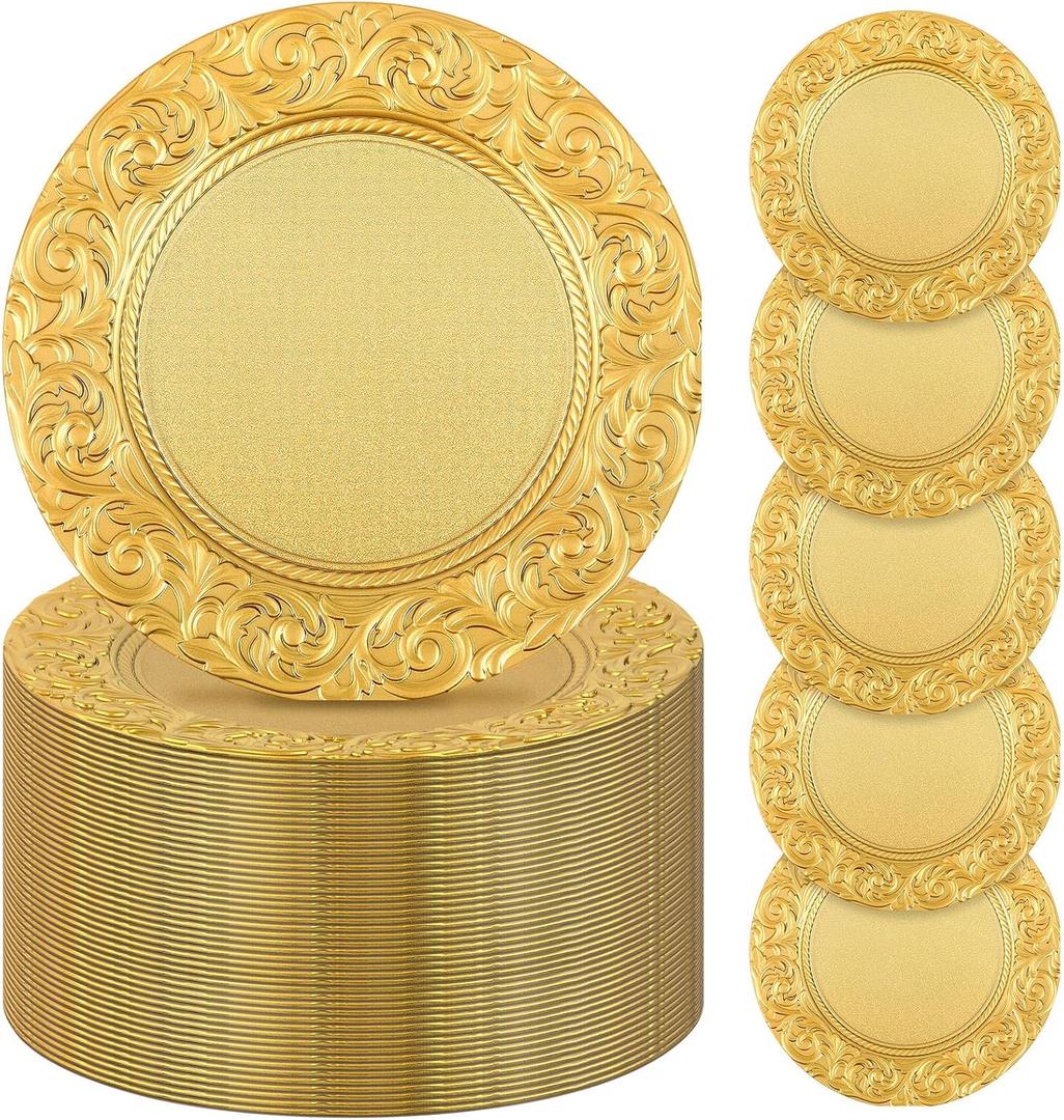 Uiifan 100 Pcs Gold Charger Plates Bulk 13'' Antique Plastic Plate Chargers Decorative Round Dinner Plates Embossed Rim Serving Plate for Wedding Party Holiday Event Catering Tabletop Decoration