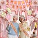 70th Birthday Decorations for Women, Rose Gold 70th Birthday Decorations, 70 Sash and Crown, Banner, Fringe Curtains, Hanging Paper Fans, 70 Year Old Party Supplies Set