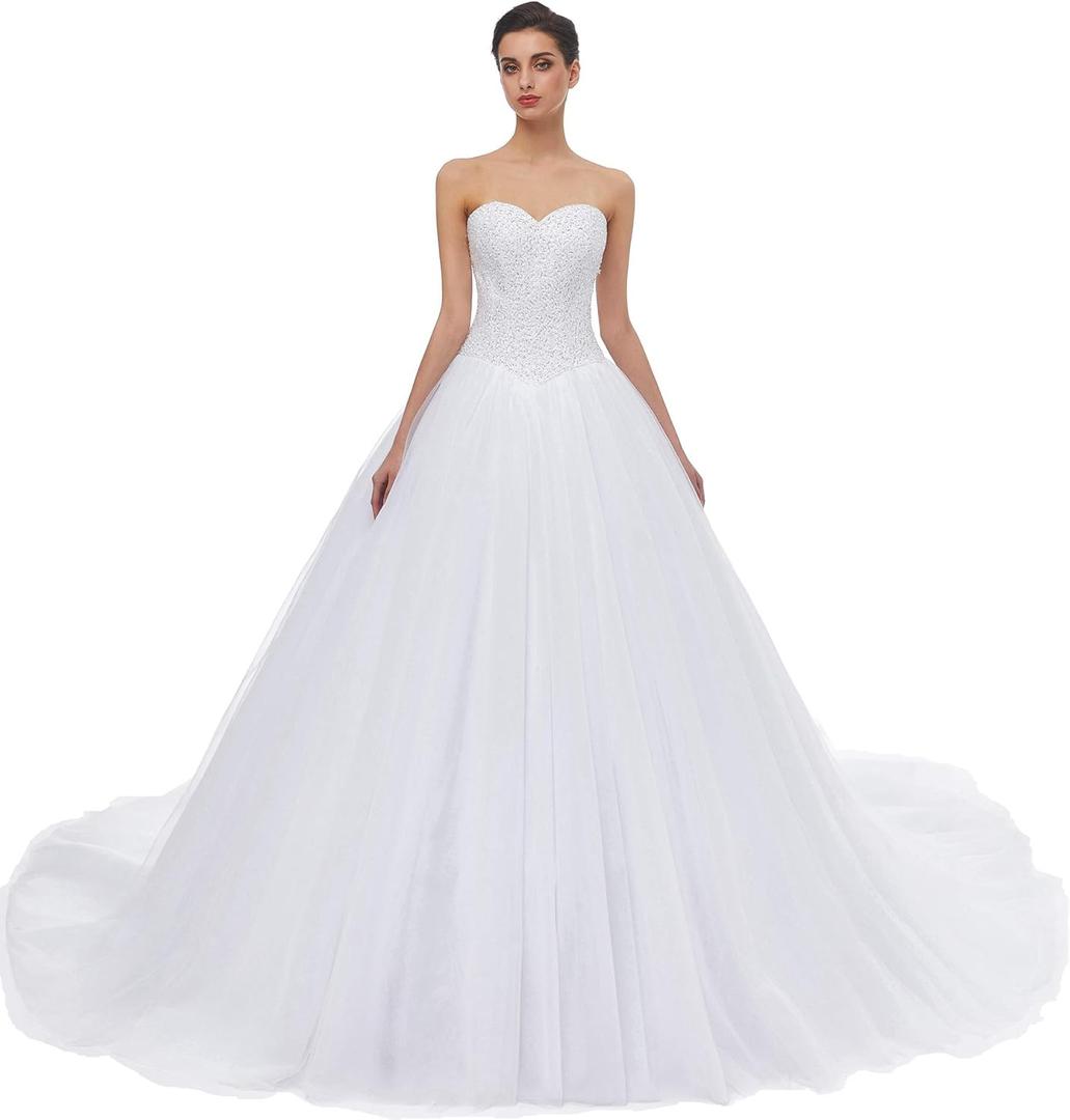 Sweetheart Tulle Ball Gown Wedding Dress, A-line Bridal Gown with Train (4, White)