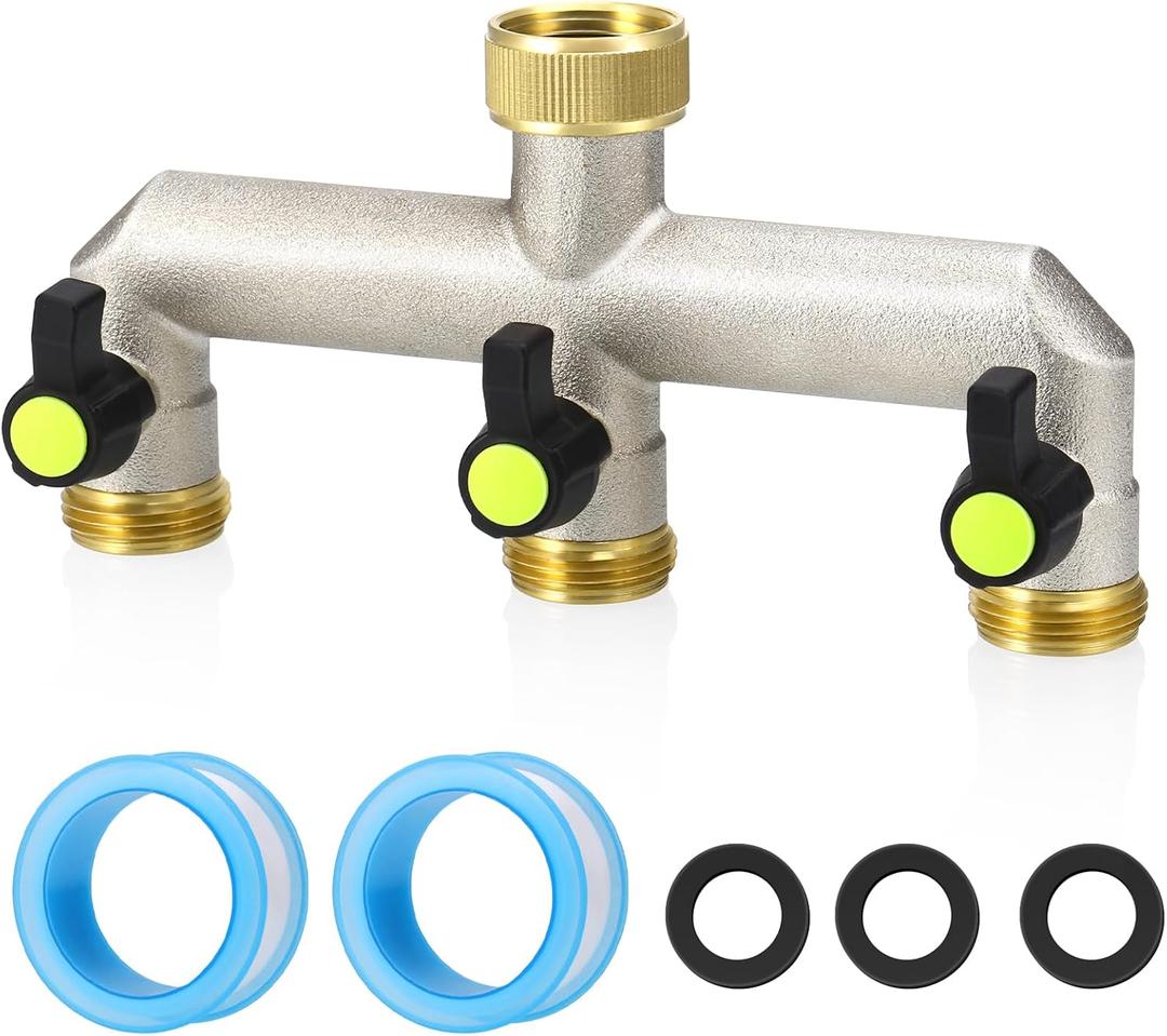 Brass Garden Hose Splitter - Water Hose Splitter 3 Way Heavy Duty, Outdoor Faucet Splitter with Shut Off Valves, Hose Bib Adapter and Spigot Connector 3/4", Includes 3 Rubber Washers & Sealing Tape