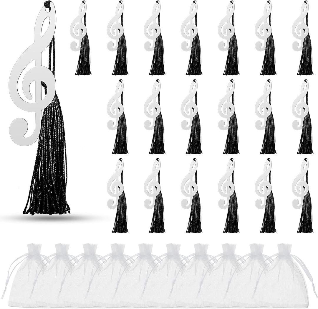 Gueevin 24 Pcs Music Gift Note Bookmarks Music Themed Party Favors Metal Musical Bookmarks with Silk Tassels and Organza Bags Musical Gifts Bulk for Band, Choir Members