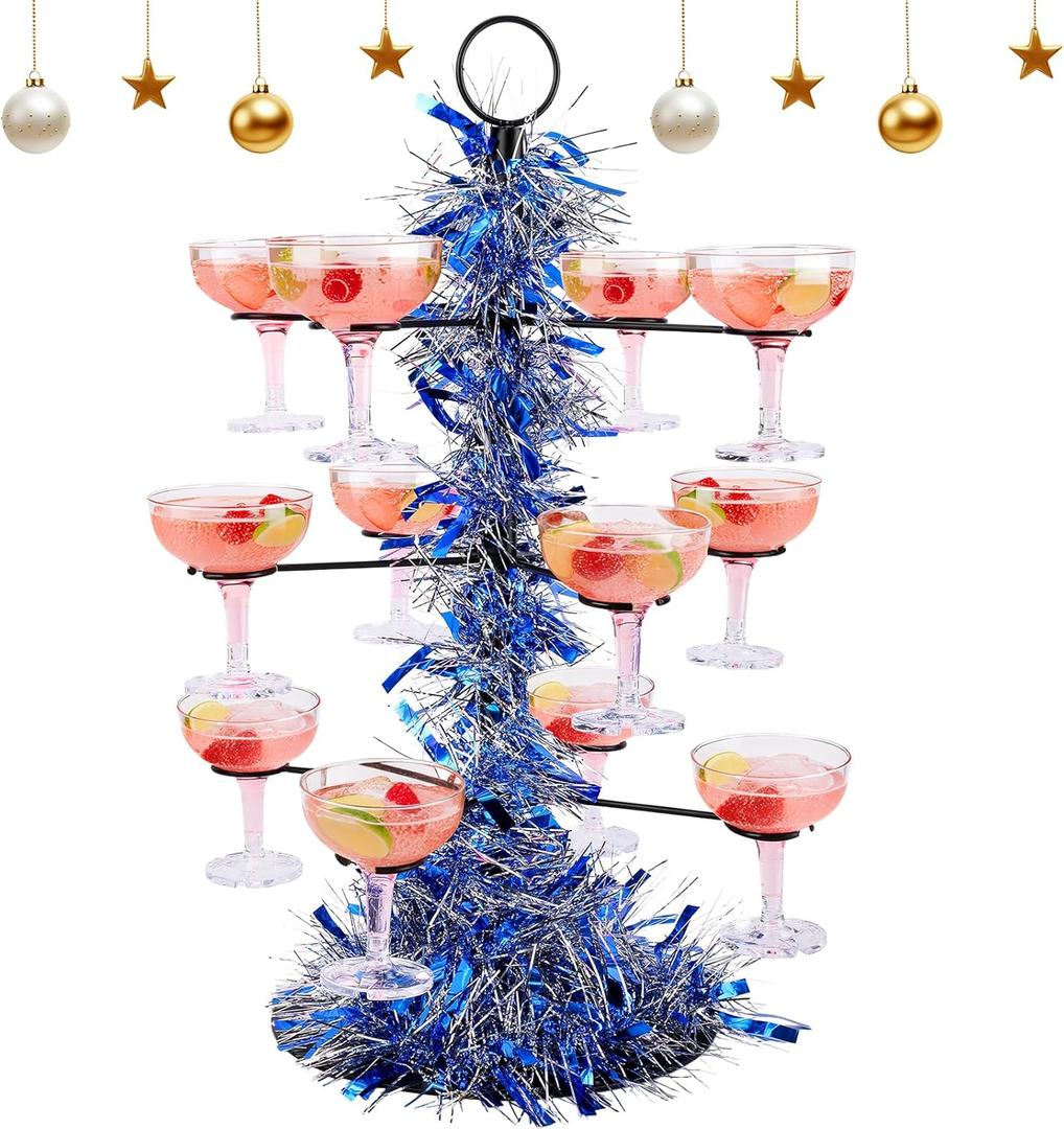 LemonRoad Cocktail Tree Stand with Garland, Graduation 3 Tier 12 Holders Wine Glass Display Champagne Tower for Martini Xmas Graduation Party Weddings Bridal Showers(Classic,Blue and Silver)