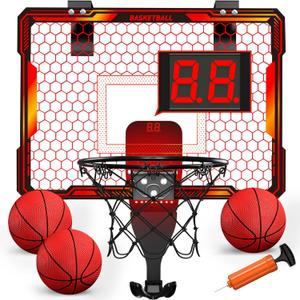 Basketball Hoop Indoor, Mini Basketball Hoop with 7 LED Lighting, Scoreboard, 3 Modes, Volume Adjustable, Over Door Basketball Hoop Foldable, Basketball Toys for Kids Adults Gifts (Red)