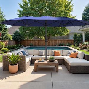 Outdoor Patio Umbrella, Table Umbrella with Push Button Tilt and Crank, 8 Ribs Market Umbrella (15FT, Blue-No Base)