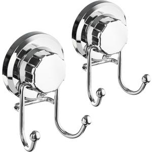 HASKO Suction Cup Hooks for Shower Wall, Removable Towel Hooks for bathrooms, Includes Optional No Drill Adhesive Mount for Inside Shower, Rustproof Stainless Steel - 2 Pack, Chrome