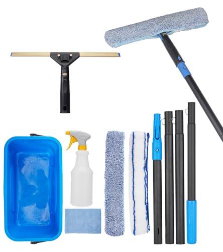 Window Cleaning Kit with Storage Bucket, Window Squeegee with 4.13ft Extension Pole, Scrubber, Spray Bottle,Duster Cloth, Squeegee with Rotating Head, Professional Window Cleaning Tools