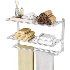 3 Tier Towel Racks for Bathroom Wall Mounted, 24 inch Bathroom Shelf with Towel Bar, Brushed Nickel Shelves for Towels, Stainless Steel Modern Silver Multi Holder