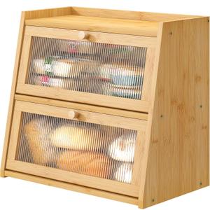 Bread Box for Kitchen Counter, Double Layer Large Bamboo Wood Bread Box, Bamboo Bread Storage Container with Wavy Acrylic Transparent Door 