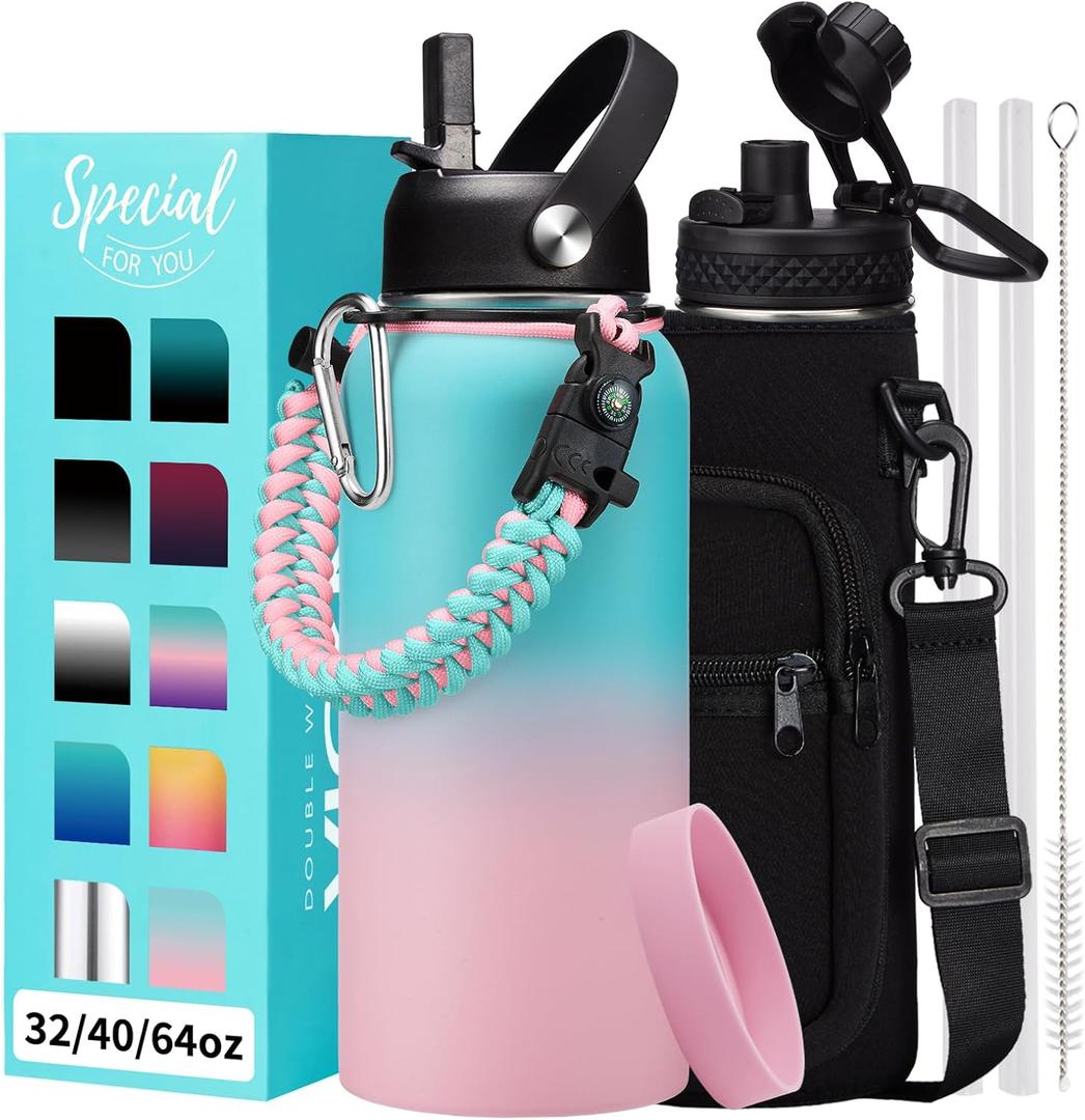32/40/64 OZ Water Bottle with Straw - Spout Lid, Kepp Cold-48H Hot-24H, Insulated Water Bottles with Strap Carrier Bag, Paracord Handle, Protective Boot, Leakproof Metal Hydro Water Flask (Green Pink Gradient)