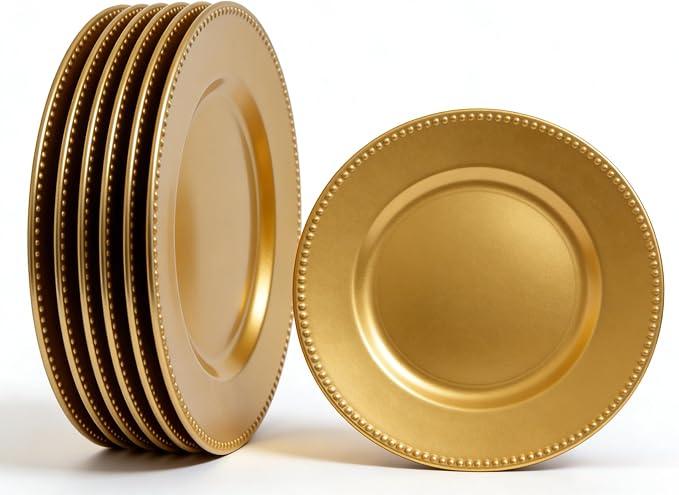 6 Pcs Elegant Plastic Beaded Charger Plates - Round Gold Silver Black Wedding Party Dinner Decorative Plate Set, Durable for Halloween Christmas Birthday Decor