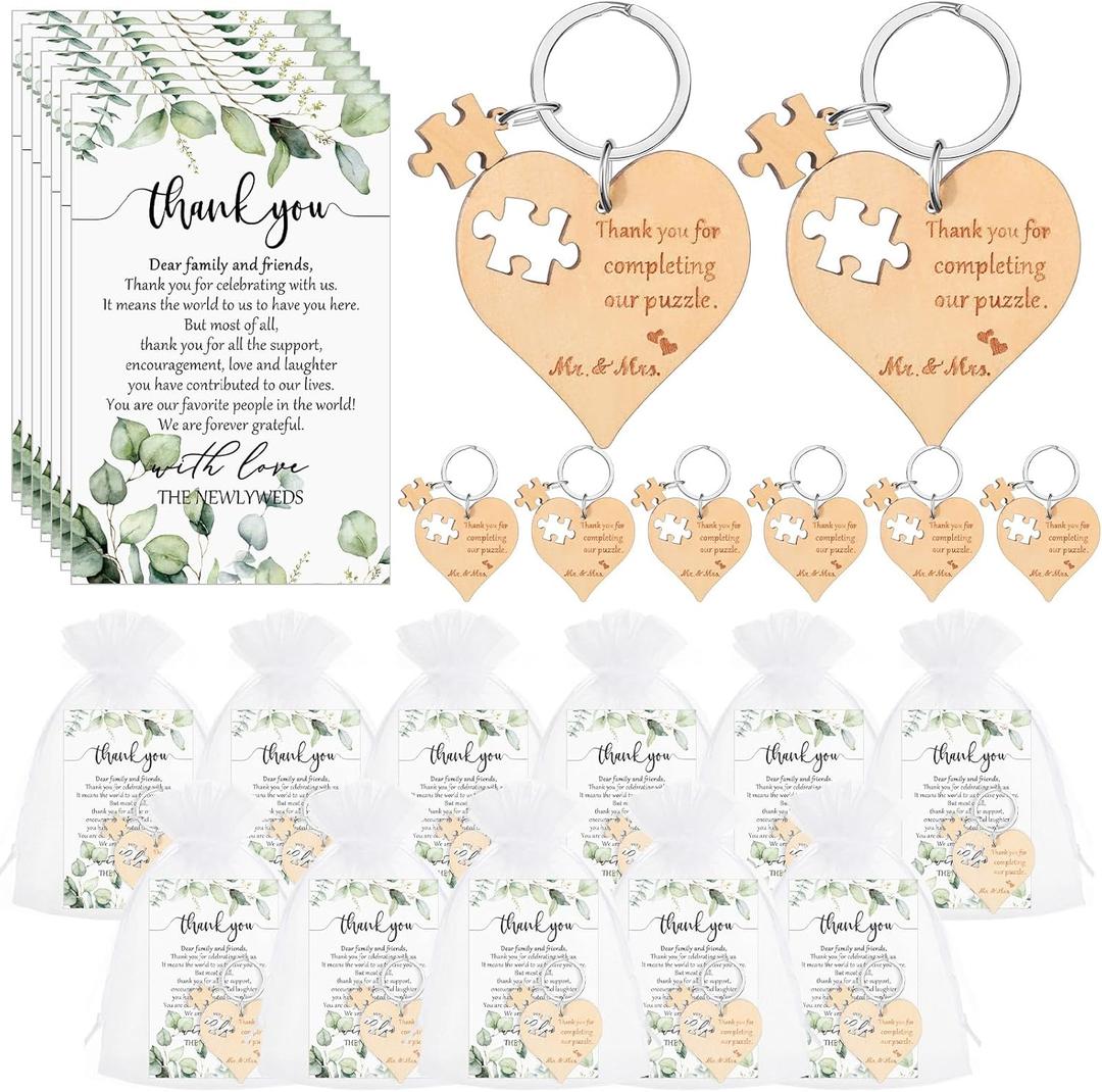 100 Sets Wedding Souvenir for Guests Includes Wood Heart Puzzle Keychain Cards and Gift Bags Rustic Wedding Favors for Guests