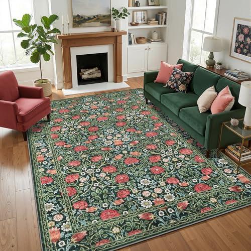 GarveeHome Green Vintage Floral Washable Rugs 5x7 for Living Room Boho Botanical Retro Rug Low Pile Stain Resistance Non Slip Carpet for Bedroom Nursery Dining Room