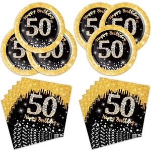 2 x 40Pcs 50th Birthday Decorations Black and Gold Paper Plates and Napkins Party Supplies as 50 Year Old Gifts for Women Men Black and Gold 1975 Birthday Decorations