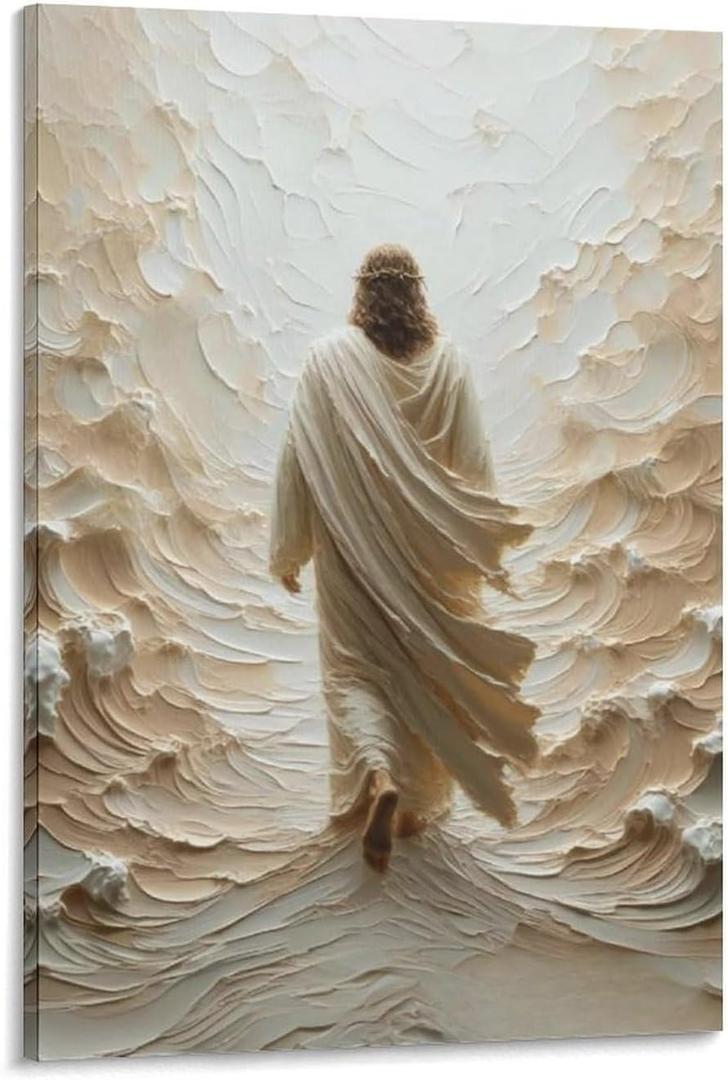 Jesus Walking on Water Faith Belief Christian Wall Art Picture Painting Poster Canvas Print Posters Artworks Bedroom Living Room Decor 16x24inch(40x60cm) (Frame-style)