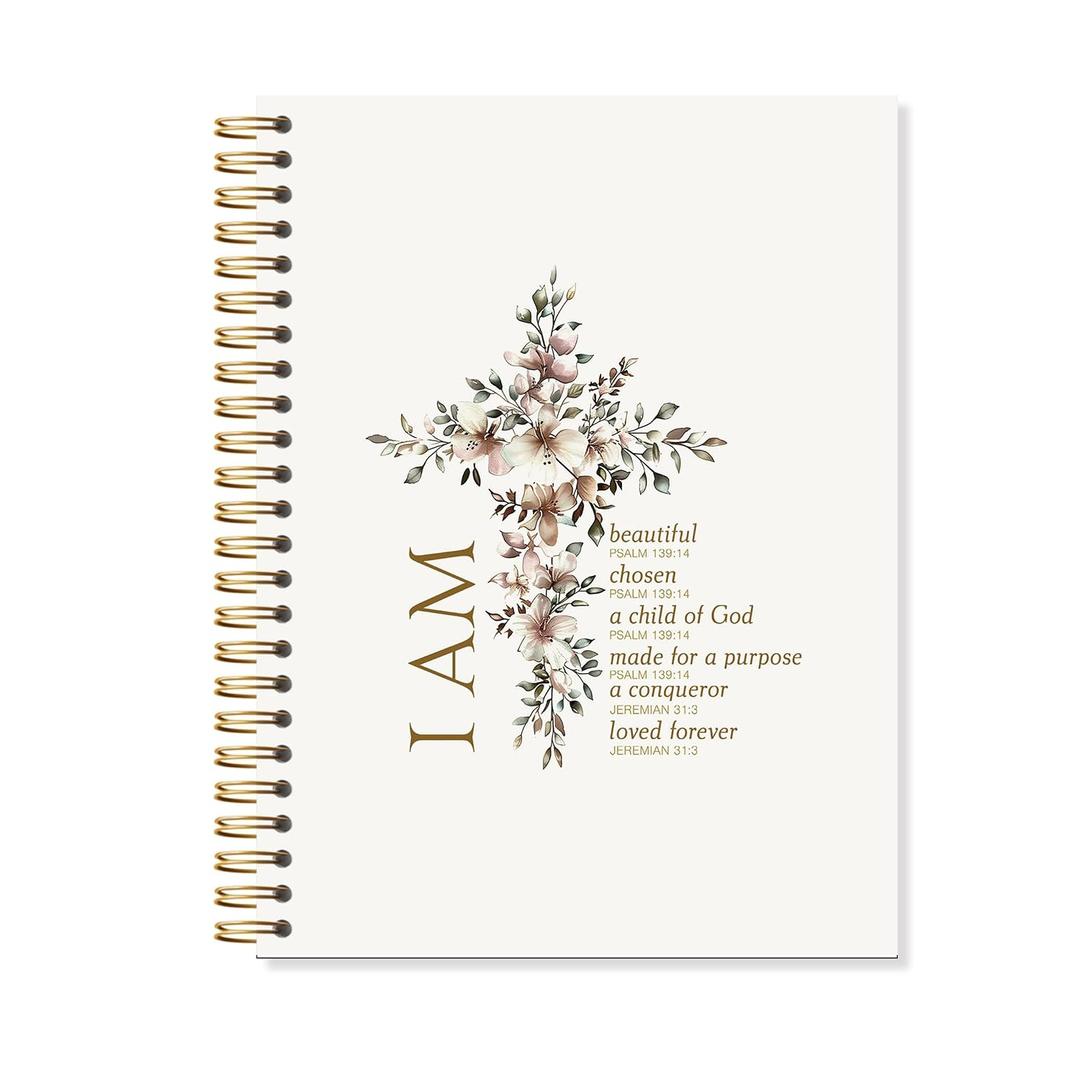 OSLYSOF I Am Affirmation Christian Spiral Notebook, Floral Cross Bible Verse Journal, Religious Prayer Notebooks for Note Taking, Scripture Journal, 5.5x8.3 Inch with 164 Pages