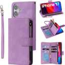 RANYOK Wallet Case Compatible with iPhone 17 Case, with 6 Card Holder RFID Blocking, PU Leather Zipper Flip Wallet Pocket, Kickstand, Wrist Strap | Protective Phone Cover for 17, Purple