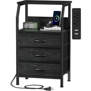Furnulem Night Stand with Charging Station, 28.3 Inch Tall Side Table with Fabric Drawers and Storage Shelf, Bedside Table with USB Ports & Outlets, Nightstand for Bedroom, 3 Ways to Use, Black Oak