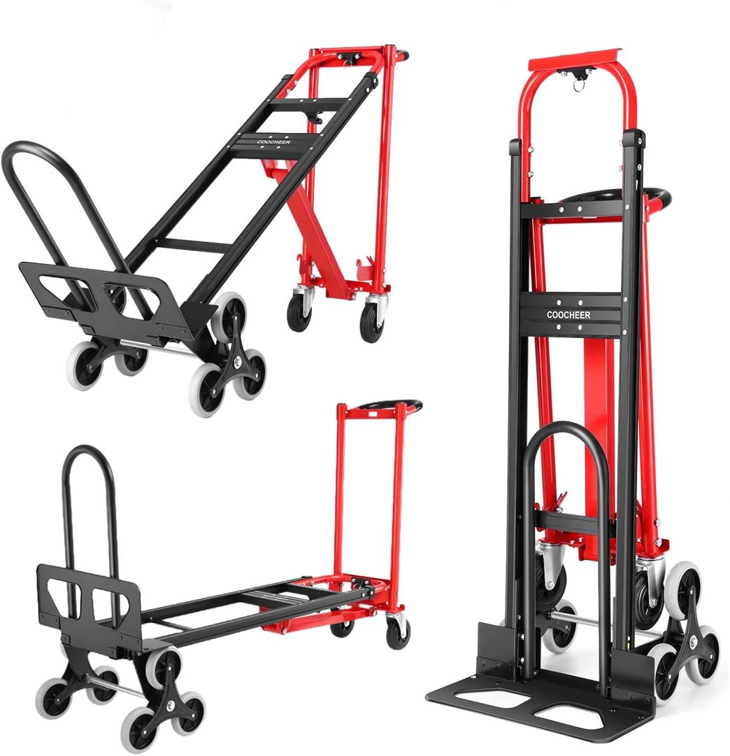Heavy Duty 1000LBS Stair Climbing Dolly, 3 in 1 Convertible Hand Truck, Folding Hand Truck Dolly Cart with Solid Wheels for Moving/Travel/Office (Red)