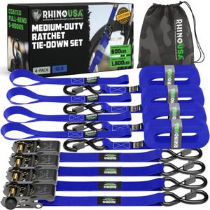 Rhino USA Ratchet Straps Tie Downs (4-Pack) - 1 Inch x 15 Feet (1,823lb Break Strength) - Ultimate Tie Down Straps with Safety S Hooks - for Trucks, Cargo, Moving, Appliances - Blue