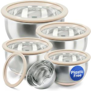 Ziruma Non-Toxic Mixing Bowls with Lids Set, Stainless Steel & Glass, 5 Pcs Plastic Free Bowls with Silicone Non-Slip Base, Dishwasher Safe Mixing Bowl Set