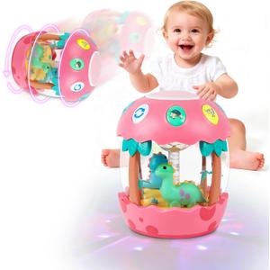 M SANMERSEN Baby Girl Toys 6-12 Months, Dinosaur Rotating Light Up Musical Baby Toys for 0-6 12-18 Months Newborn Infant Crawling Tummy Time Toys, Birthday Valentines Day Baby Girl Gifts - Pink