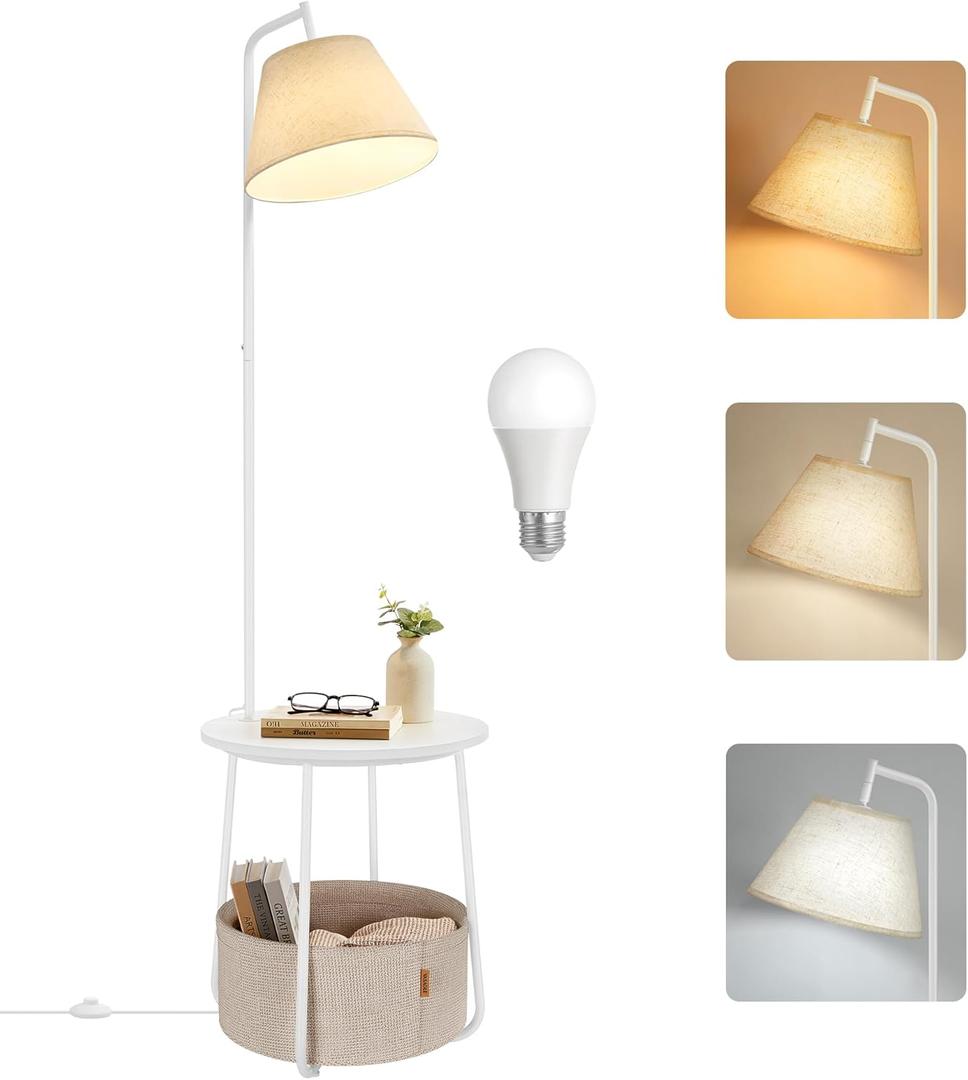 VASAGLE End Table with Lamp, 3-in-1 Floor Lamp with Table and Fabric Basket for Living Room, Tunable LED Bulb Included, Angle-Adjustable Lampshade, Matte White ULFL004WC01S