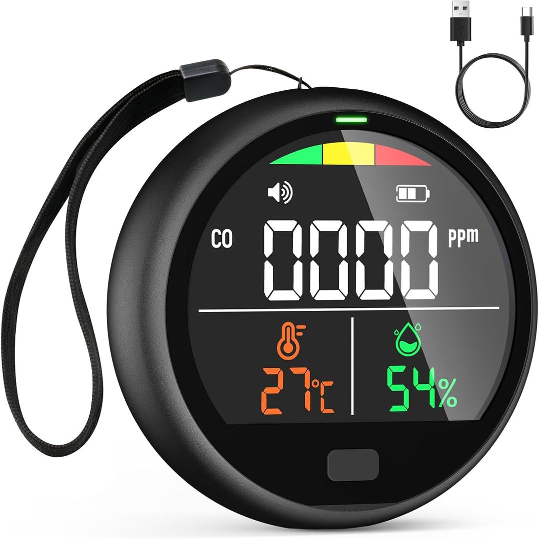 Portable Carbon Monoxide Detector for Travel - 3-in-1 Rechargeable CO Monitor with Temp & Humidity Sensor, Loud Audible & Visual Alarm, 220H Standby CO Detector for Hotel, Car, RV & Home (Black)