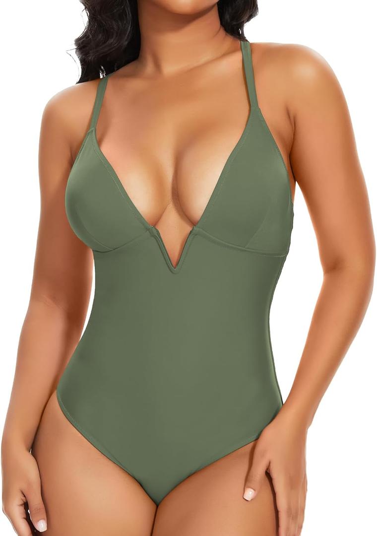 SHAPERIN Women's One Piece Swimsuit Deep V Neck Bathing Suits Tummy Control Push Up Padded Swimwear (Green, S)