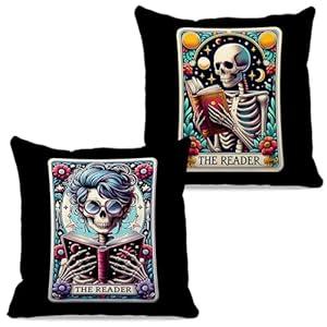 OFlich Tarot The Reader Gothic Skeleton Pillow Covers 18x18 Set of 2 - Book Lovers Gifts, Bookworm Gifts, Book Nerd Gifts, Gifts for Readers Book Lovers Women, Gothic Home Decor, Witchy Room Decor
