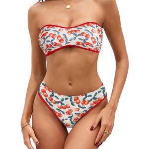 ZAFUL Bikini Sets for Women Textured Strapless Color Block Bandeau Swimsuits 2 Pieces Cheeky High Cut Bathing Suits (Medium, 0-cherry)