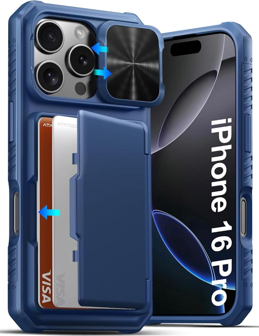 ATATOO for iPhone 16 Pro Wallet Case, Built-in Card Holder (3-5 Cards) & Slide Camera Cover & RFID Blocking, Military Grade Protection, Rugged Shockproof Phone Case for iPhone 16 Pro 6.3", Blue