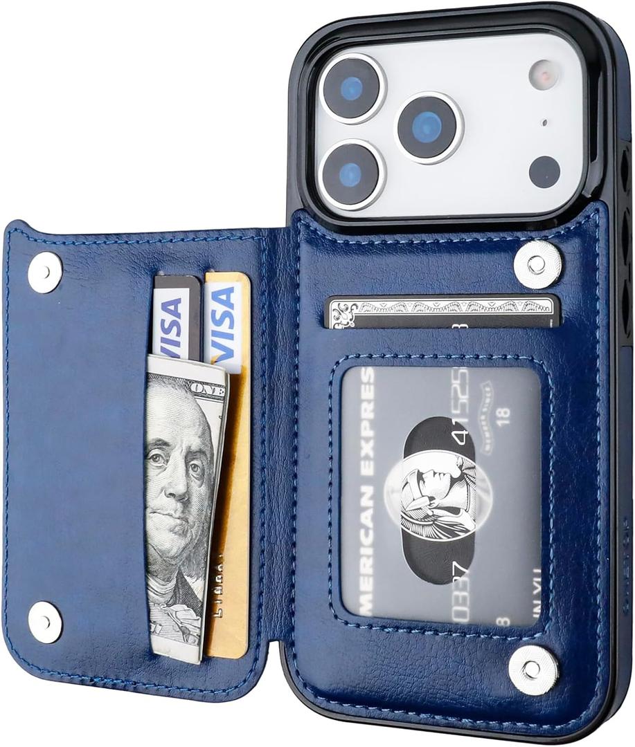 ONETOP Compatible with iPhone 17 Pro Wallet Case with Card Holder, PU Leather Kickstand Card Slots Case, Double Magnetic Clasp and Durable Shockproof Cover 6.3 Inch (Blue)