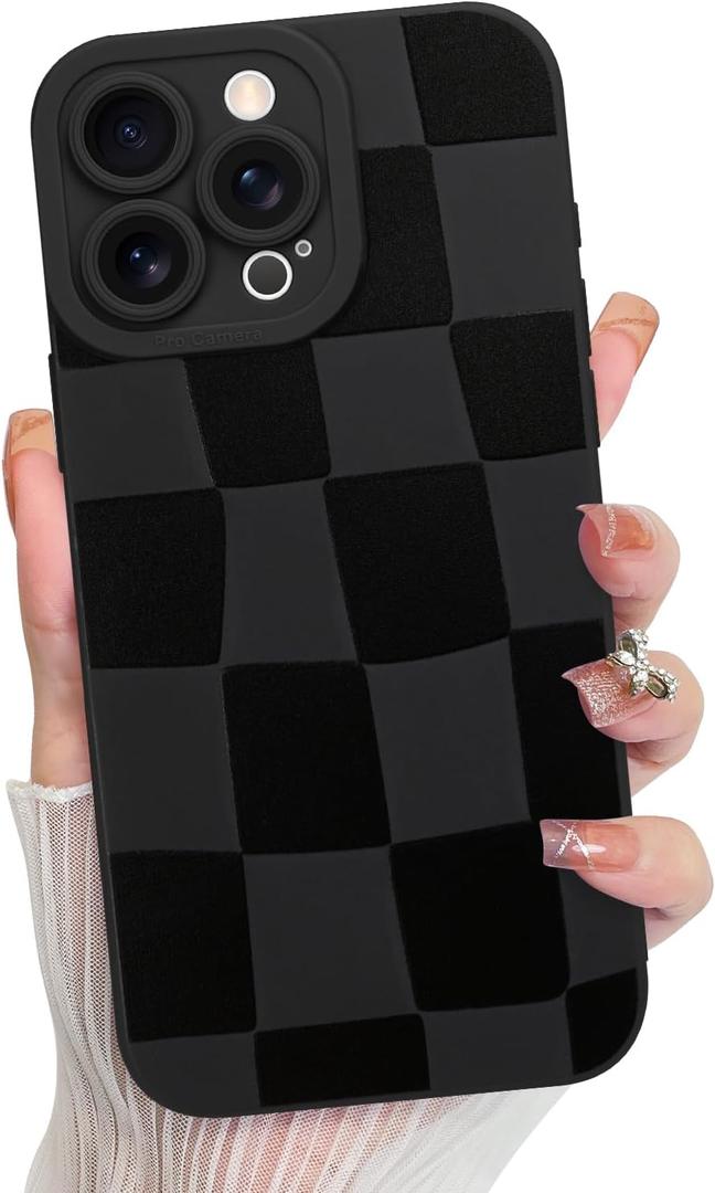 KANGHAR Compatible with iPhone 15 Pro Max Case, Silicone Checkered Cute Pattern, Camera Protection Soft Slim Phone Case for Girls Women -Black