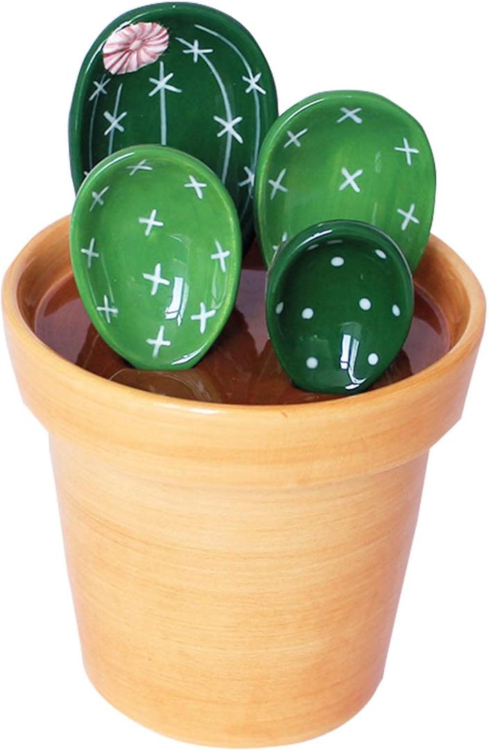 GICEY Cactus Measuring Spoons Set in Pot Ceramic Cute Small Cacti Measuring Spoons and Cups Green for Baking, Salt, Sugar Housewarming Gifts (Green）