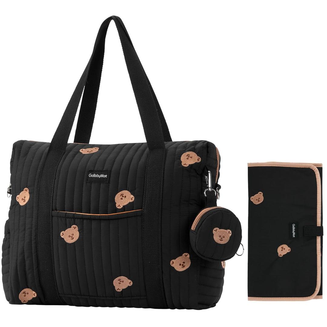 GOBABYMART 3pc Diaper Bag Tote Set, Hospital Bag for Labor & Delivery, Maternity Travel Bag with Changing Pad & Pacifier Case (Medium - Black Bears)