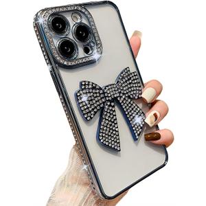 for iPhone Case,Luxury Crystal Diamond Rhinestone Sparkle Sparkly with 3D Bow Camera Lens Protection Clear Soft Shockproof Phone Case (Blue,iPhone 11)
