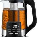 Gourmia Electric Glass Kettle 1.7L Programmable Tea & Coffee Brewer with Digital Touch Display, 6 Presets, Removable Stainless Steel Infuser, Cordless with 360 Swivel Base, Black
