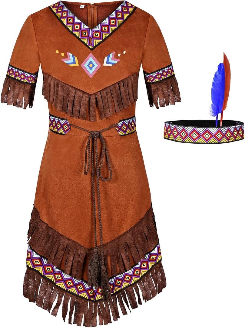 Gorkonpy Native American Costume Girls with Headdress (10-12 Years, Brown)