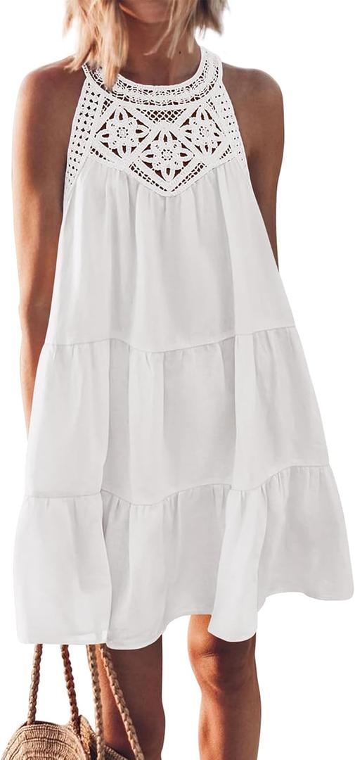 BTFBM Women Summer Dresses 2025 Casual Spring Clothes Sleeveless Halter Neck A-Line Tiered Mini Dress Beach Sundress (White) S