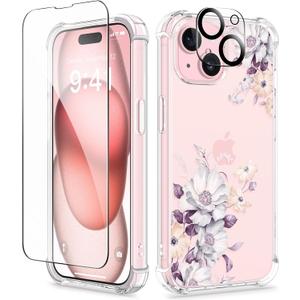 GVIEWIN for iPhone 15 Plus Case, [3 in 1] with Screen Protector & Camera Lens Protector, Clear Soft Shockproof Slim Fit Floral Phone Cover for Women Girls 2023 6.7" (Aster/Purple)