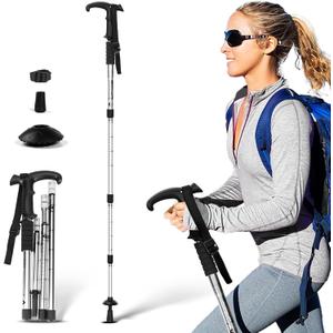 Telescopic Walking Cane 43 Inch with Anti-Shock & T-Grip Handle - 7075 Aluminum Quick Lock Trekking Pole, Ultralight for Hiking, Camping, Mountaineering (Silver)