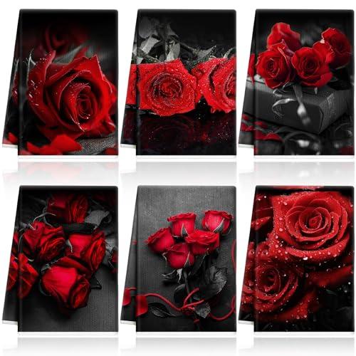 Breling Set of 6 Red Rose Kitchen Towels Vintage Themed Dish Towel Bathroom Decorative Rustic Cloths Tea Towels for Kitchen Bathroom Home Cooking Housewarming Gifts, 14 x 21 Inch