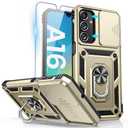 Goton Compatible with Samsung Galaxy A16 5G Case with Camera Cover & Kickstand Ring with Tempered Glass Screen Protector, Military Grade Shockproof Protective Bumper Cover Gold