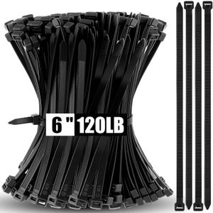Reallnaive 500 Pcs 6 Inch Zip Ties Heavy Duty 120 Lbs Tensile Strength Black Nylon Wire Cable Ties Bulk for Indoor Outdoor