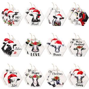 Spiareal 24 Pcs Christmas Cow Ornament Wooden Cows Christmas Tree Decorations Hanging Wood Funny Farm Animal Ornaments for Farmhouse Home Xmas Holiday Crafts Party Supplies