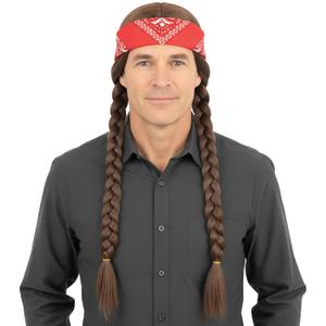 AMZCOS Long Brown Braided Wig with Bandana for Mens 60s Hippie Costume Halloween Party (Brown)