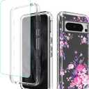 Sidande for Pixel 8 Pro Case, Google 8Pro Case with Tempered Glass Screen Protector, Full Body Clear Floral TPU Slim Phone Protective Armor Cover for Google Pixel 8 Pro Rose Flower